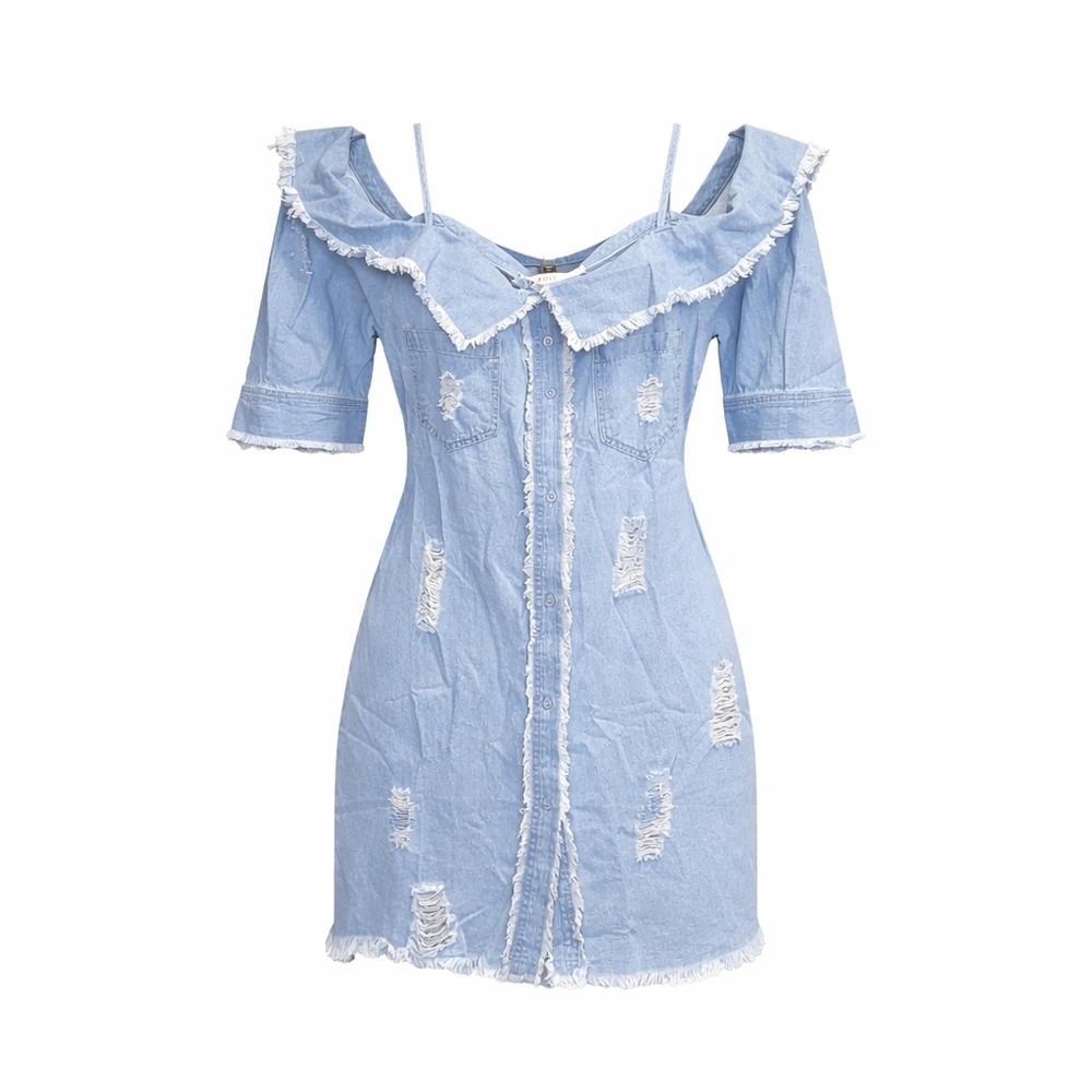Hot & Delicious Light Blue Frayed Mini Dress - NWT - Picture 1 of 5